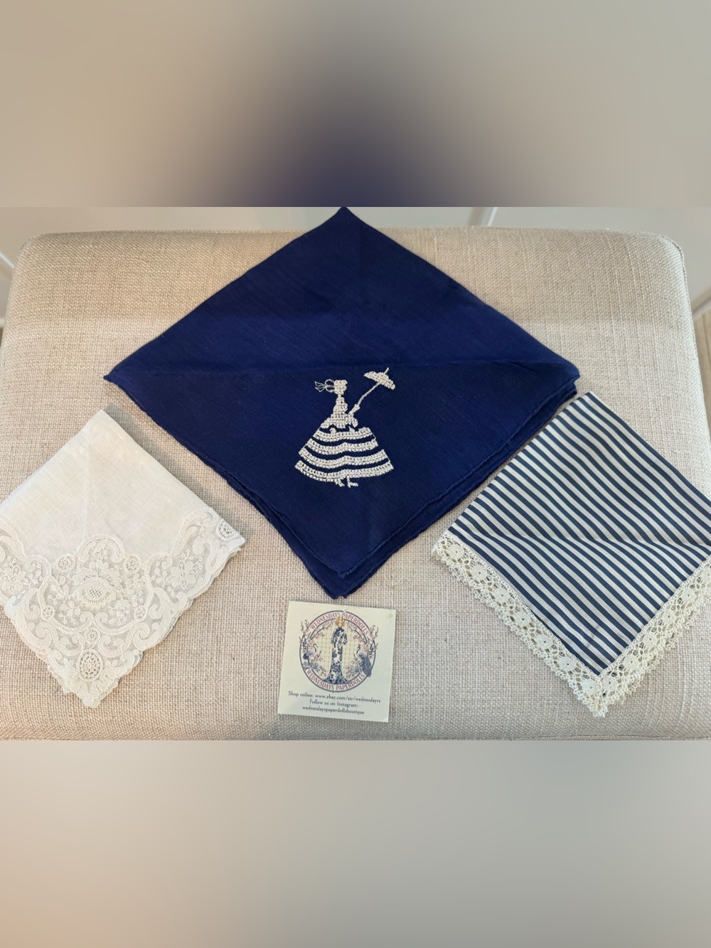 Vintage handmade & Embroidered Blue & White Striped Handkerchiefs Lot Of 3